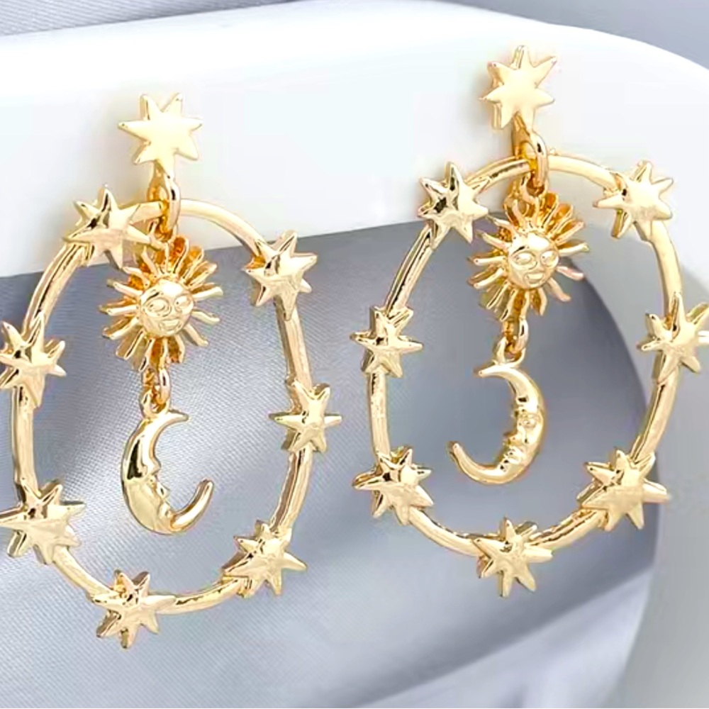 Gold Moon and Star Dangle Earrings